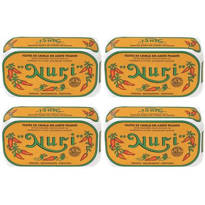Nuri Mackerel Fillets Spiced in Olive Oil | 4 Pack | Product of Portugal | Premium Wild Caught, Hand Selected and Packaged | 100% Natural | Gourmet fish in 4.4 oz can (125 Gram)