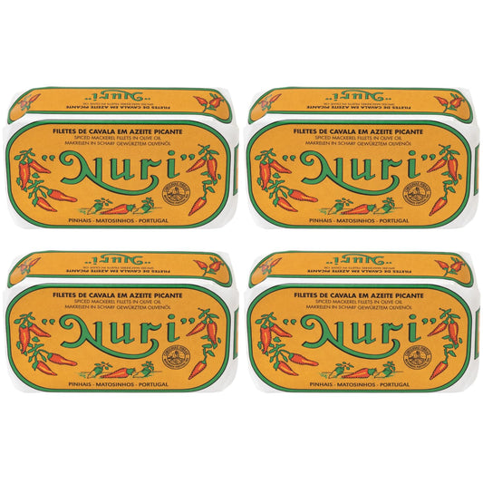 Nuri Mackerel Fillets Spiced in Olive Oil | 4 Pack | Product of Portugal | Premium Wild Caught, Hand Selected and Packaged | 100% Natural | Gourmet fish in 4.4 oz can (125 Gram)