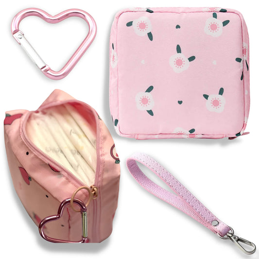Reusable Sanitary Napkin Pads Storage Bag Portable for Women Girls | Made of Nylon Water Resistance Reusable | Zero Waste Period (Peach + Flower)