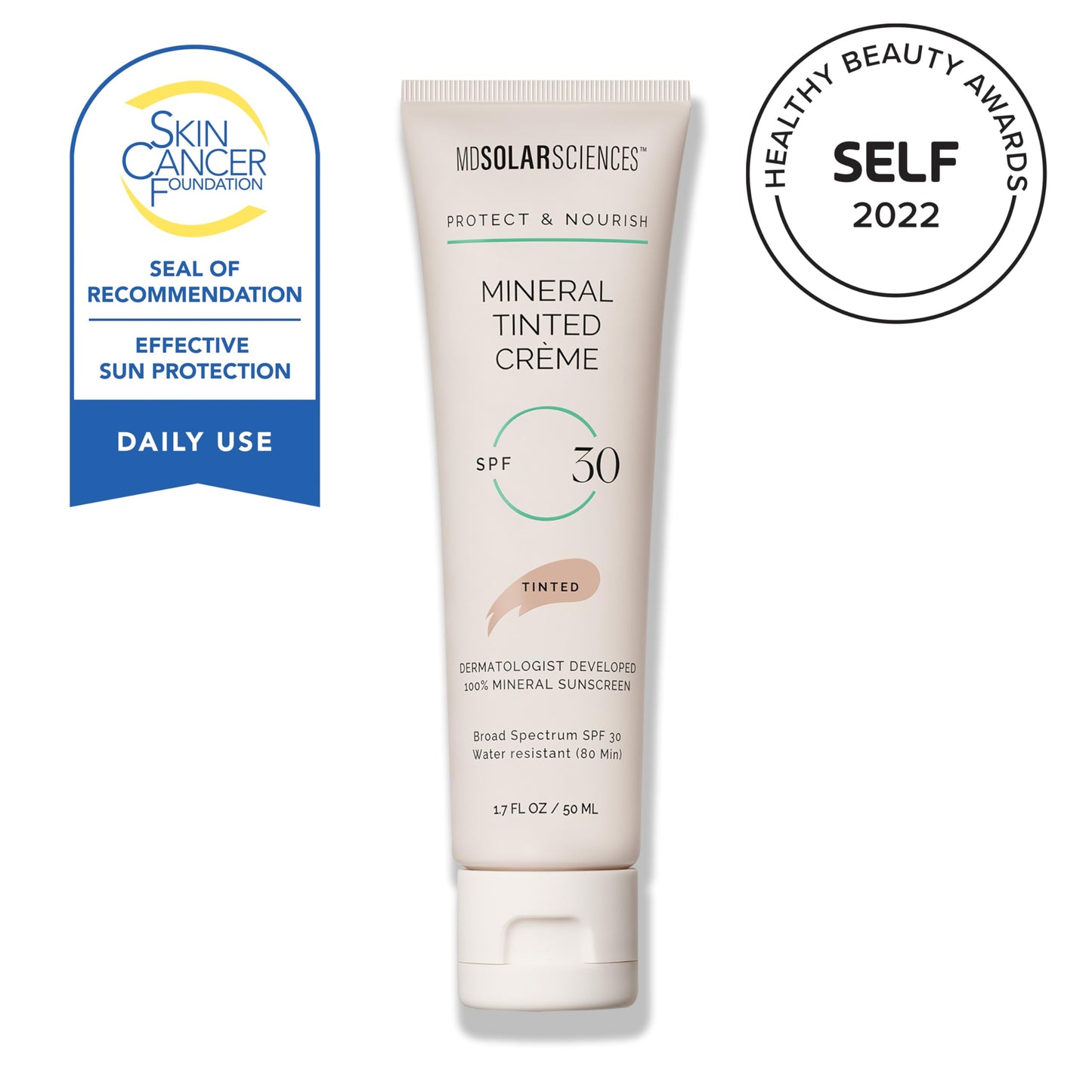 MDSolarSciences Mineral Tinted Crème Sunscreen SPF 30 | Water-Resistant, Broad Spectrum UV Protection | Blendable Micronized Zinc Oxide Cream | Natural Matte Finish for All Skin Types (1.7 Fl Oz)