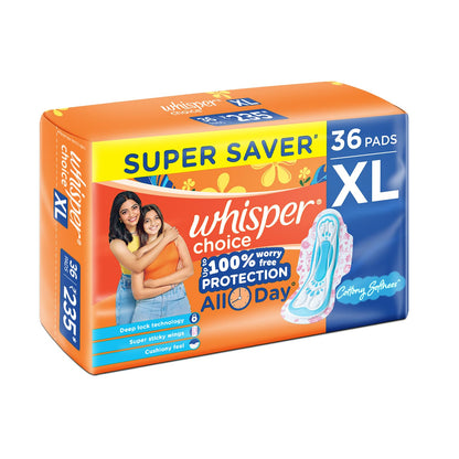 Whisper Choice Sanitary Pads, 36 XL Pads, Upto 100% Stain Protection All Day, Longer Length for Better Coverage, 20% Wider Back, Dry Top Sheet, with Wings