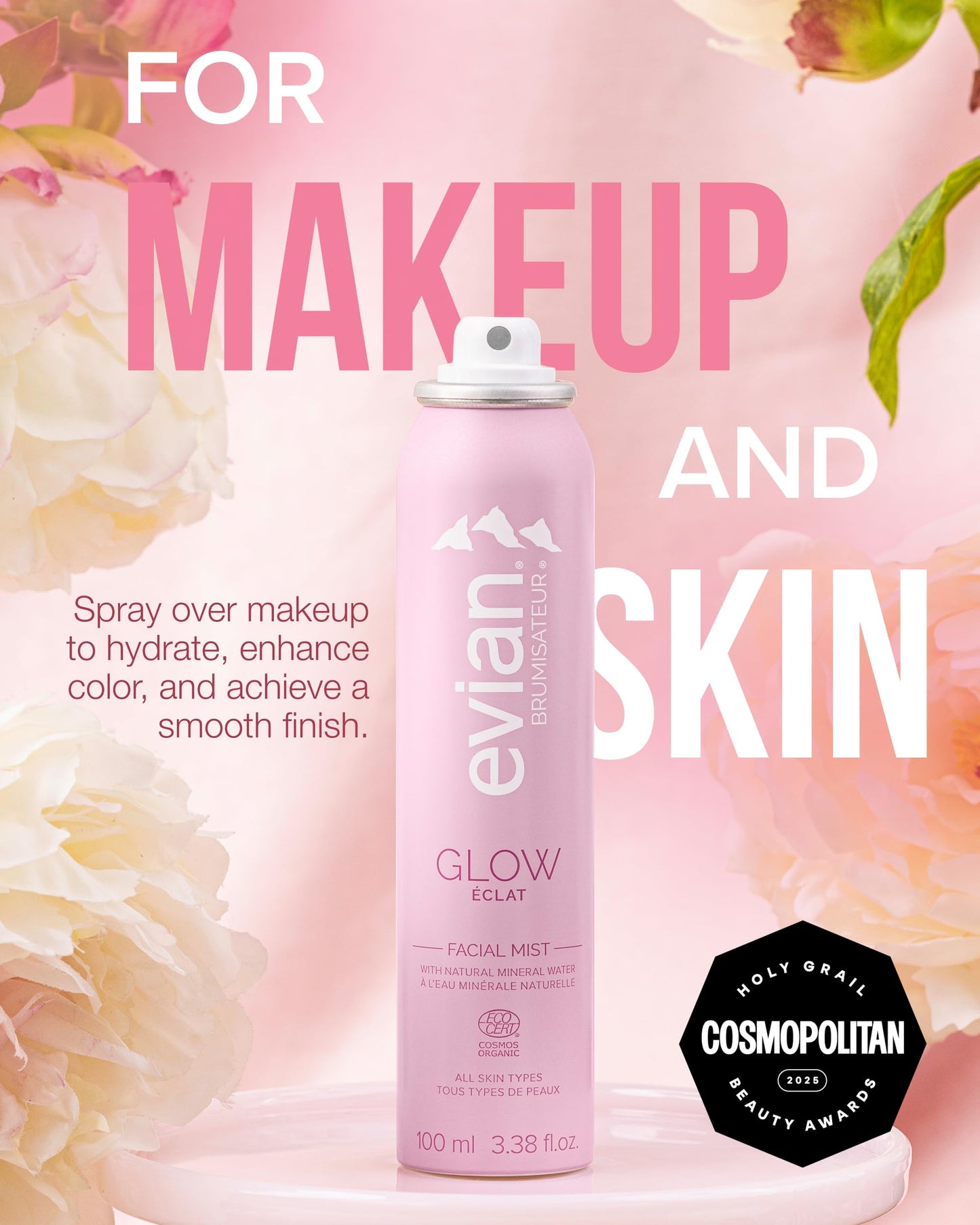 Evian Facial Spray | Glow, Calm & Protect Hydrating Face Mist | Natural Mineral Water with Plant-Based Extracts | 3.38 oz