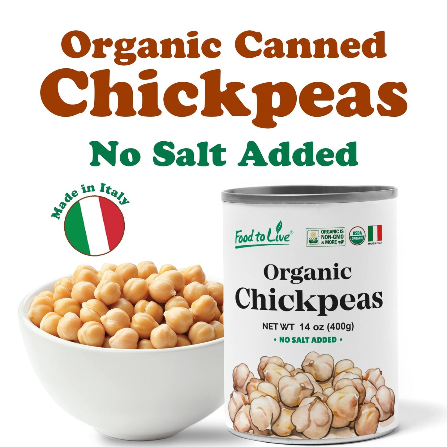 Food to Live Organic Canned Chickpeas, 14 oz (Pack of 4) - Unsalted Non-GMO Garbanzo Beans. Vegan. USDA Certified Organic. Good Source of Fiber and Protein. Wholesale. Made in Italy
