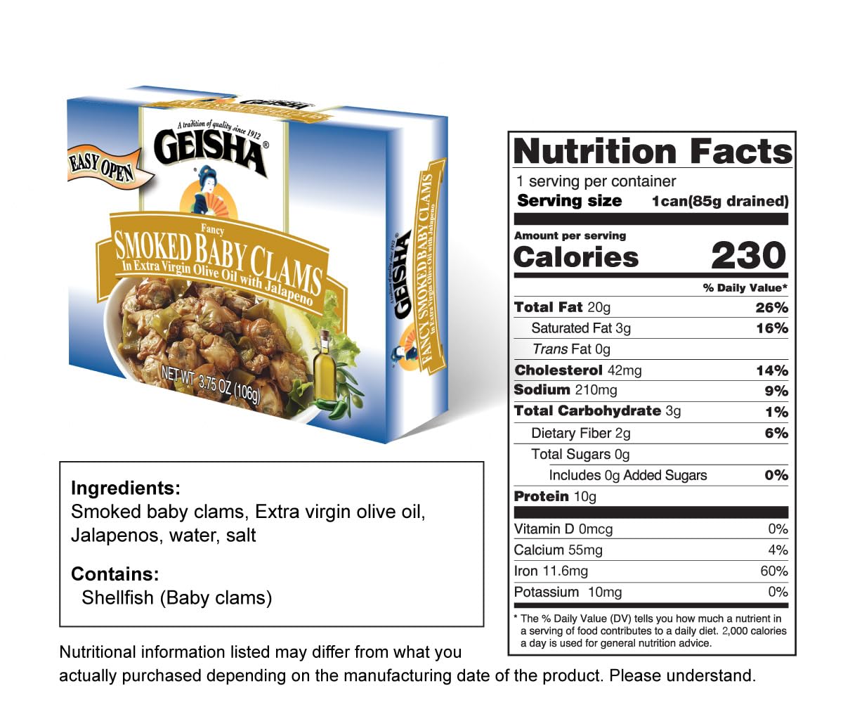 GEISHA Smoked Baby Clams in Extra Virgin Olive Oil with Jalapeno 3.75oz (Pack of 12), Baby Clams| Gluten Free – No Sugar Added – Wild Caught – Good Source of Protein