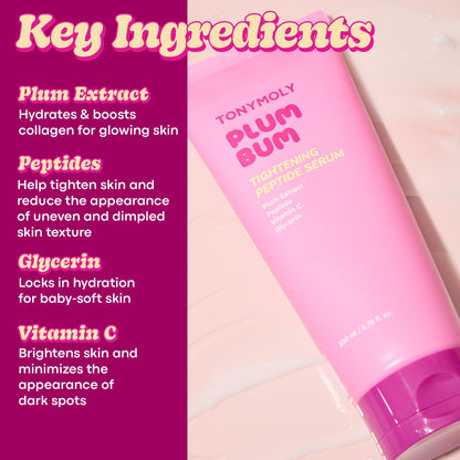 TONYMOLY Plum Bum Tightening Peptide Serum – Firming & Hydrating Body Serum with Plum Extract, Vitamin C & Glycerin, 6.76 fl oz