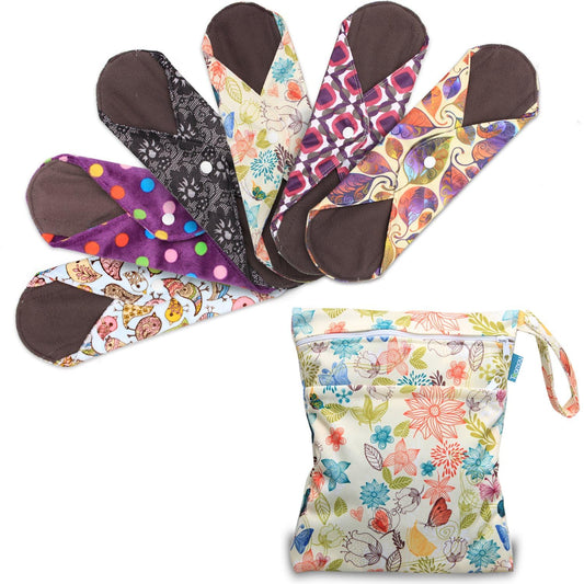 Teamoy 11.6" Reusable Washable Sanitary Pads, 6Pcs Cloth Menstrual Napkins Pads with Wet Bag, Feminine Menstrual Fit for Heavy Flow or Overnight Use, Mix Pattern
