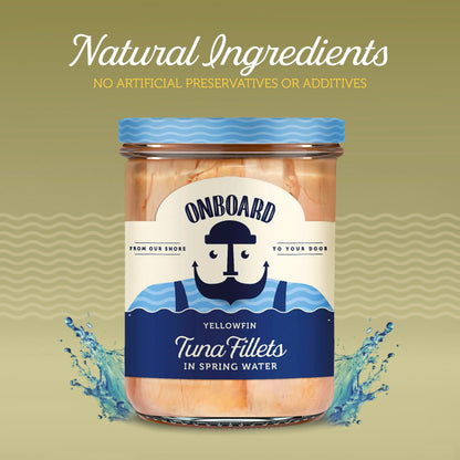 ONBOARD Yellowfin Tuna Fillets, Mediterranean Seafood Diet | Pescatarian Jarred Atun, Fresh Sea Tuna Salad | High in Protein - Healthy Ready-to-Eat Snacks, Packed in Glass Jar | (6 Packs, Spring Water)