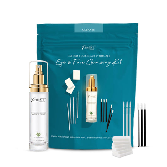 Xtreme Lashes Extend Your Beauty Rituals Eye & Face Cleansing Kit, Eye Makeup Remover & Facial Cleanser Liquid Pump 4 Fl Oz, 25 Lint Free & Long Applicators, 40 Cosmetic Sponges, Lash Extension Safe