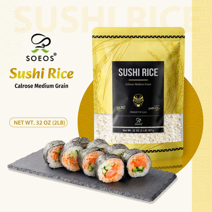 Soeos Sushi Rice, Medium Grain Rice, Sticky Rice for Sushi Rolls and Japanese Food, 2 Pound (32 Ounce)