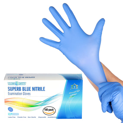 SuperB Blue Nitrile Power free examination gloves, single use, X-large, 100 pack, latex free, powder free, non-sterile, disposable, textured, fingertips, beaded cuff, synthetic nitrile rubber (NBR)