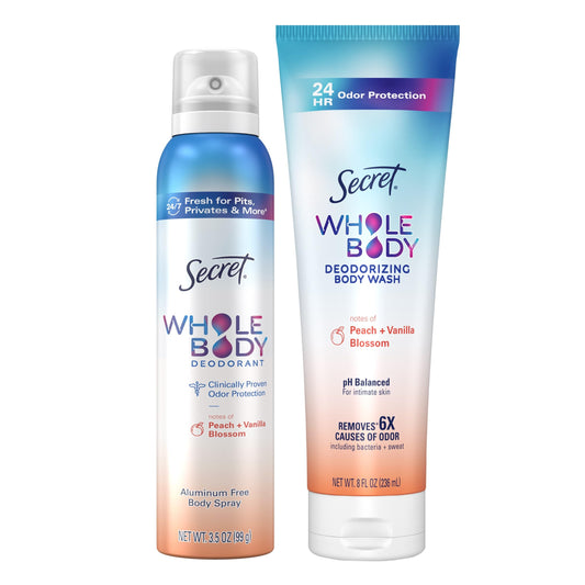 Secret Whole Body Feminine Wash + Deodorant Spray Bundle for Women, Peach + Vanilla Blossom Scent, Aluminum Free, Odor Protection, 8.0 oz & 3.5 oz (Pack of 2)