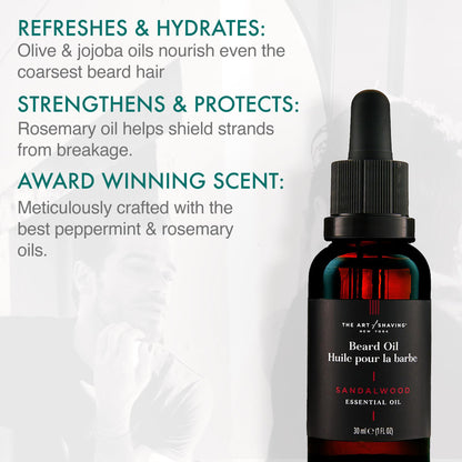 The Art of Shaving Beard Oil – Tames & Moisturizes Beard & Mustache Hair Leaving a Healthy Shine with a Non Greasy Finish – Award-Winning Sandalwood Scent, 1 oz