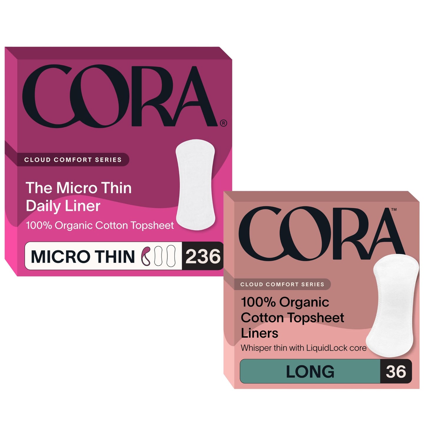 Cora Organic Cotton Feminine Care Bundle | 236 Micro Thin Daily Panty Liners and 36 Long Period Liners | Organic Topsheet | Quick Absorbency Leak Protection | Unscented