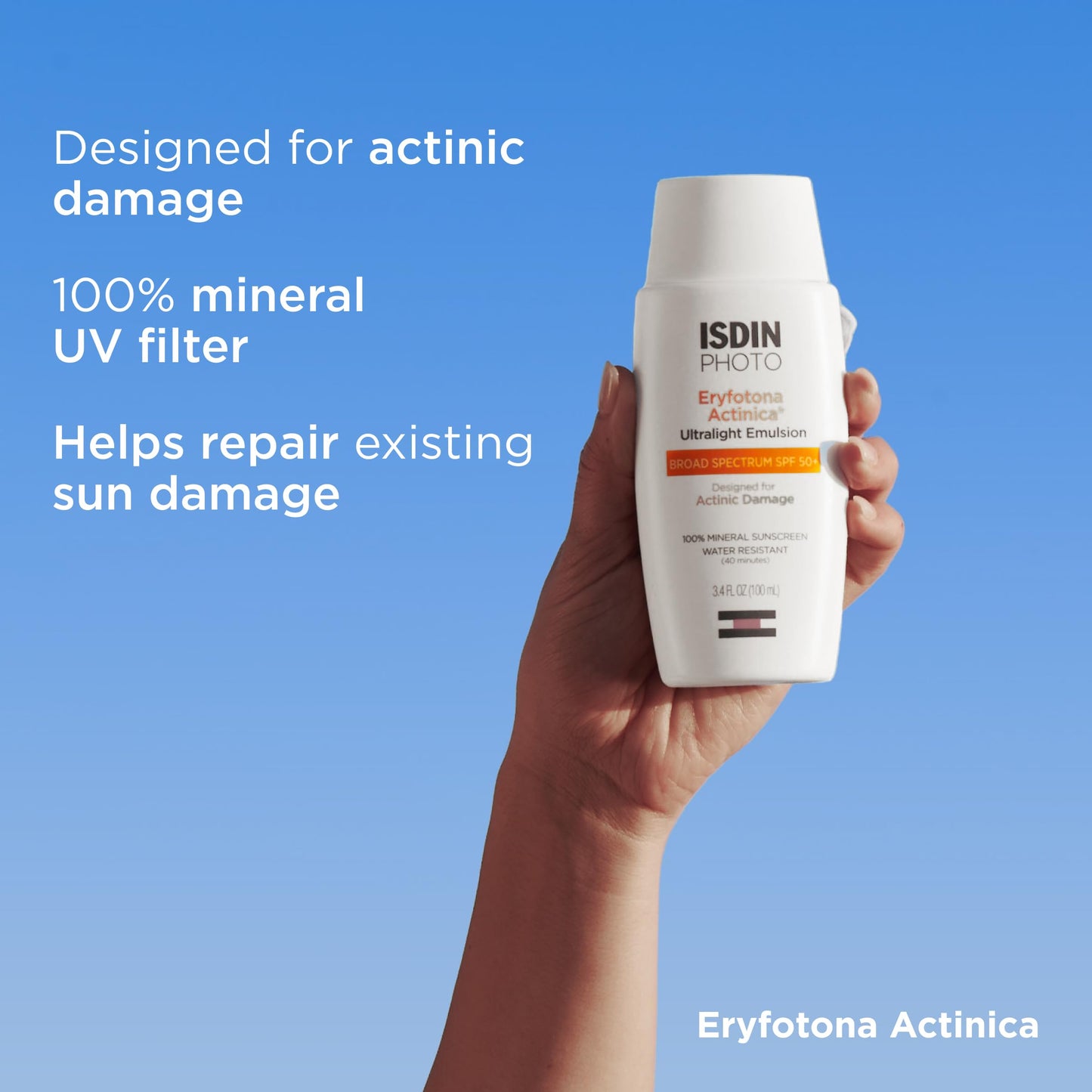 ISDIN Eryfotona Actinica Zinc Oxide sunscreen with 100% mineral UV filter Broad Spectrum SPF 50, No White Cast, Suitable for Sensitive Skin, 3.4 Fl Oz