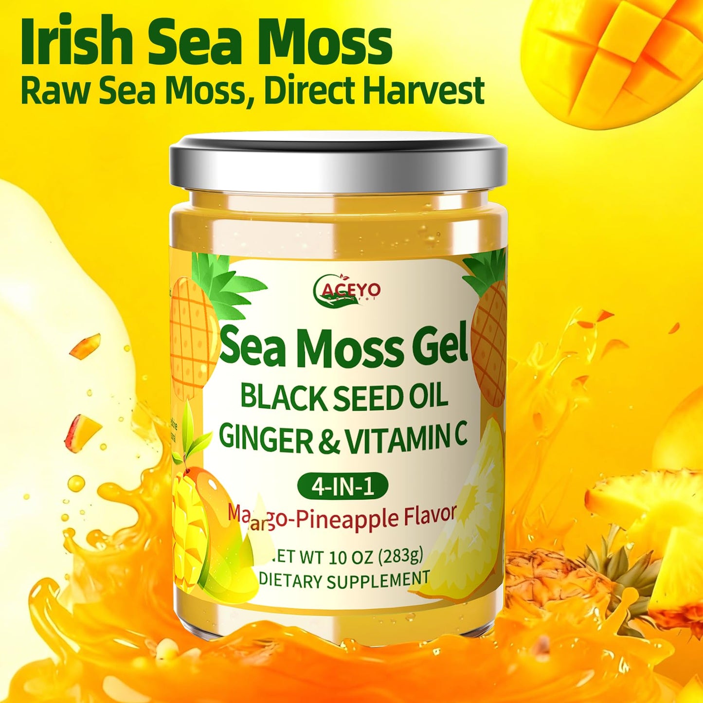 ACEYO Sea Moss Gel 4-in-1, Irish SeaMoss with Black Seed Oil & Ginger,Rich in Minerals & Vitamins,Immunity & Health Support,Superfood,Non-GMO, Vegan,Mango Pineapple Flavor,10 oz (Pack of 1)