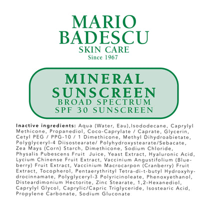 Mario Badescu Mineral Sunscreen SPF 30 for All Skin Types | Reef Safe, Oil-free Moisturizer Formulated with Zinc Oxide, Hyaluronic Acid & Antioxidants | 1.5 Fl Oz