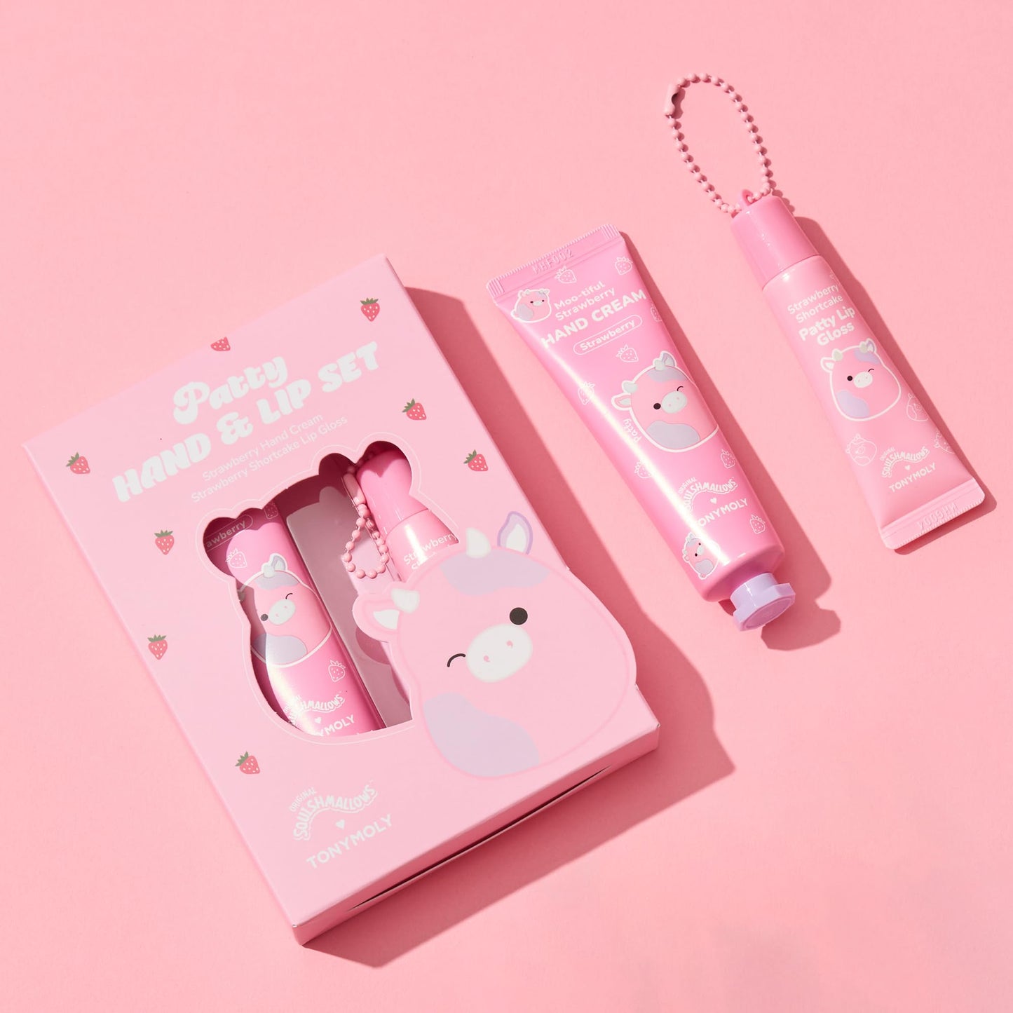TONYMOLY x Squishmallows Patty the Cow 2-Piece Skincare & Beauty Gift Set – Strawberry Hand Cream & Strawberry Shortcake Lip Gloss – Cute Korean Skincare Gift