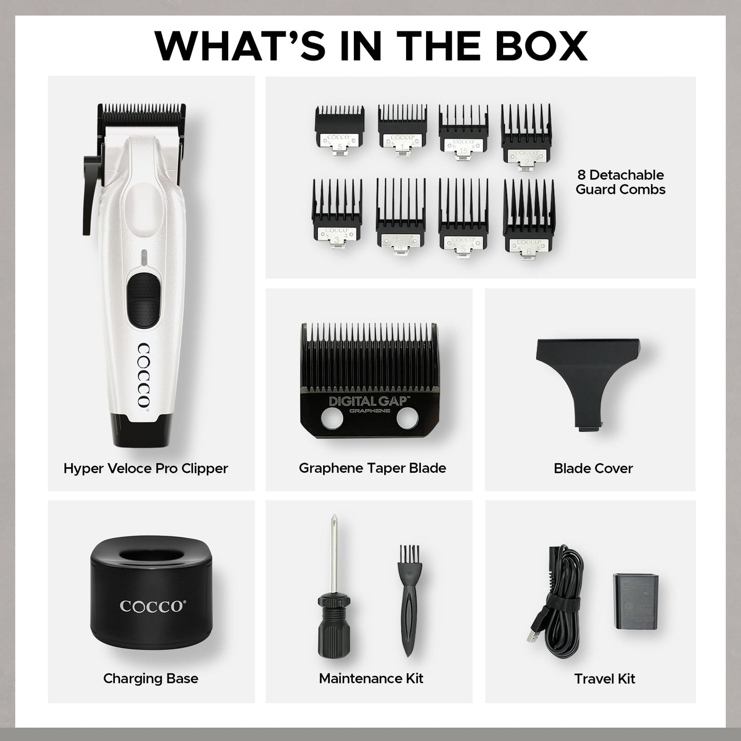 Cocco Veloce Pro Clipper, Digital Gap Ambassador Graphene Taper Blade Professional Hair Clippers, High-Torque BLDC Motor, All-Metal, Cordless, Charging Base Included