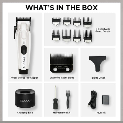 Cocco Veloce Pro Clipper, Digital Gap Ambassador Graphene Taper Blade Professional Hair Clippers, High-Torque BLDC Motor, All-Metal, Cordless, Charging Base Included