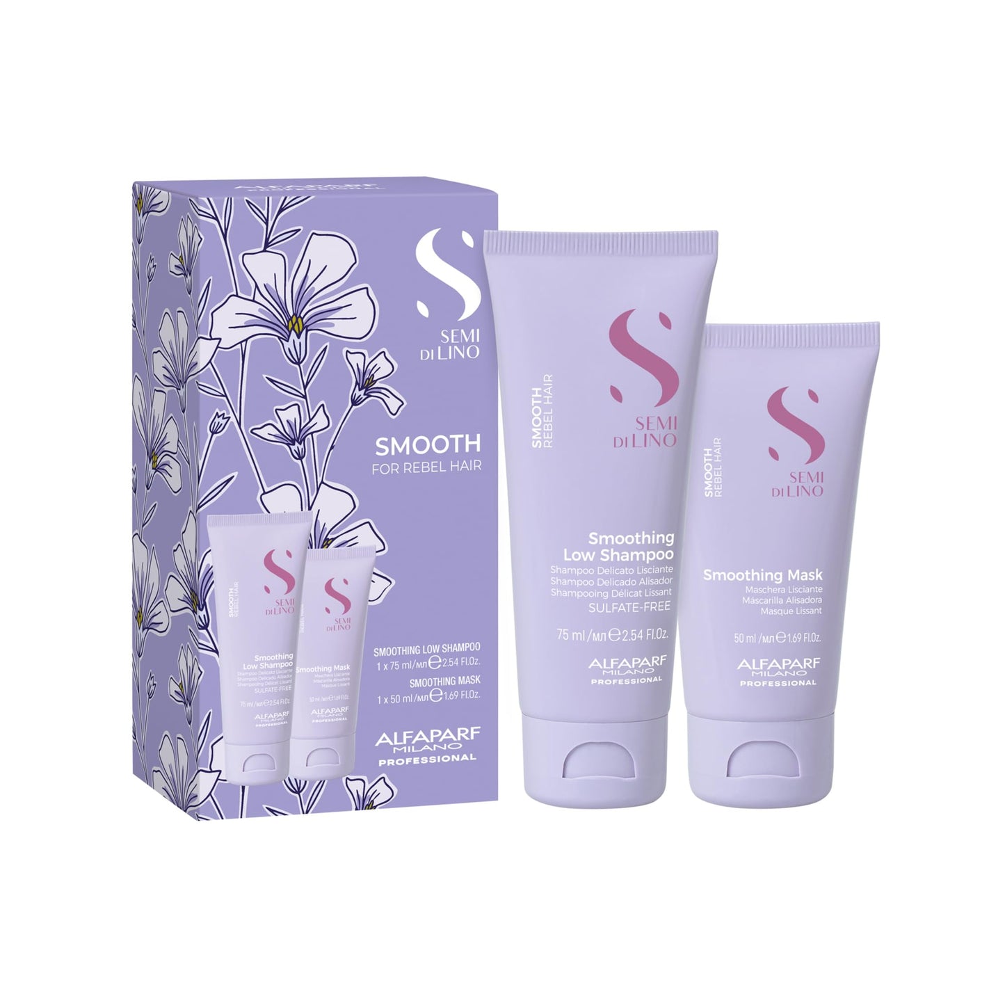 Alfaparf Milano Semi di Lino Smooth Travel Size Shampoo and Hair Mask Set for Frizzy Hair - Straightens Rebel Hair - Smoothing Hair Products
