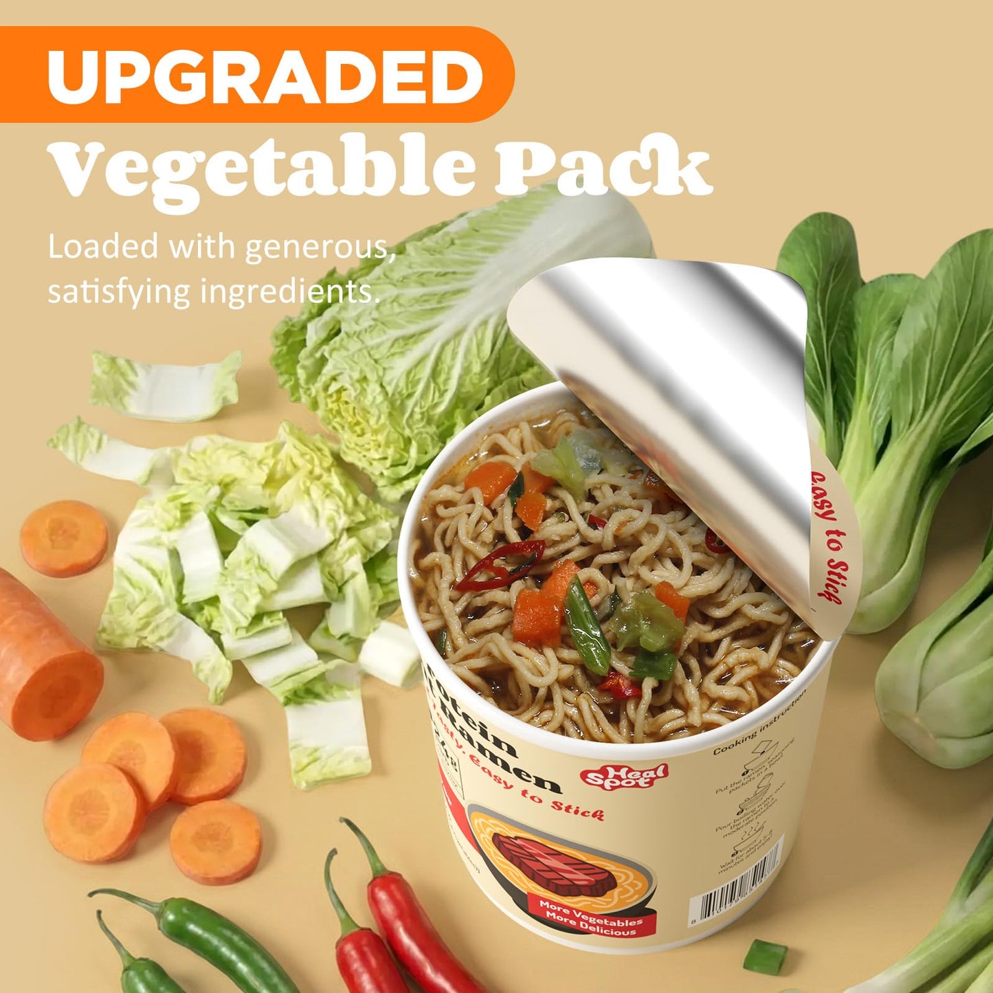 Healspot High Protein Instant Ramen Variety Pack (6 Cups) - 32g Plant-Based Protein, Non-Fried, Low Carb, Low Fat, Non-GMO, Keto & Vegan Friendly (Golden-Chicken,Smoky-Beef,Classic-Pork)