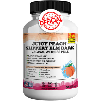 Juicy Peach Slippery Elm Bark Vaginal Dryness Moisturizer, Feminine Care for Women, End Vaginal Dryness with Slippery Elm Bark | Feminine Care for Vaginal Health, Made in USA, 60 Cap
