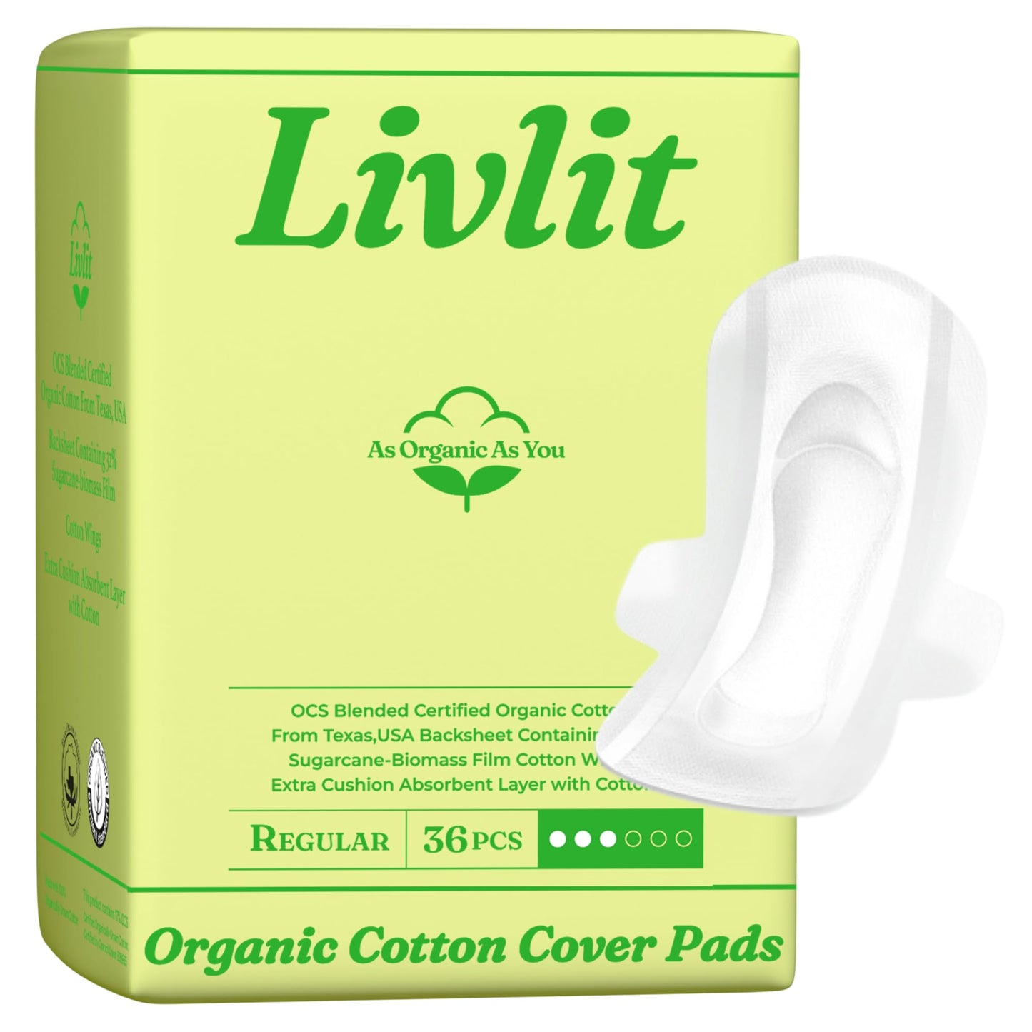 Livlit Organic Cotton Sanitary Pad Bundle – Regular Pads 36pcs + Large Pads 32pcs, Chlorine Free, Unscented, Ultra Absorbent Period Care