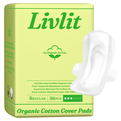 Livlit Organic Cotton Sanitary Pad Bundle – Regular Pads 36pcs + Large Pads 32pcs, Chlorine Free, Unscented, Ultra Absorbent Period Care