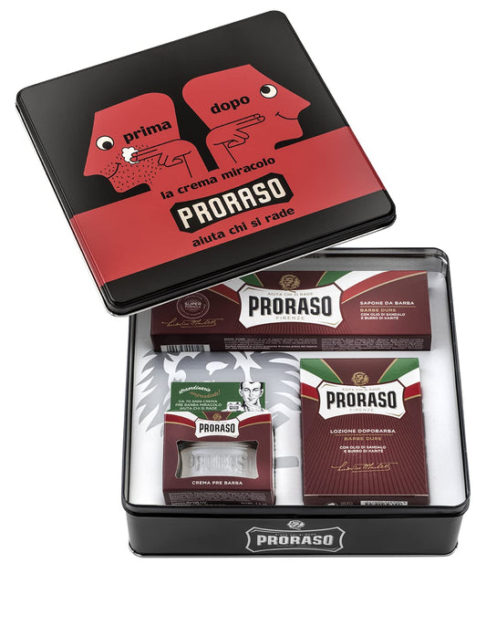 Proraso Shaving Kit - Vintage Dopo Tin - Nourishing Pre Shave Cream, Shaving Cream & After Shave Balm for Coarse, Thick Beards - Premium Italian Gift Set for Men in Collectable Tin
