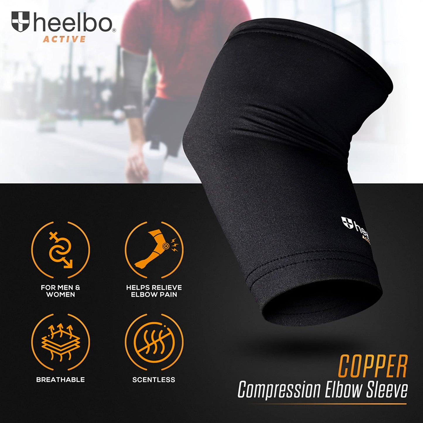 Heelbo Elbow Sleeve and Elbow Compression Sleeve with Copper Infused Fibers and Breathable Fabric for Tendonitis, Golfers Weight Lifting, Tennis Elbow or Arthritis for Men and Women, Black, Medium