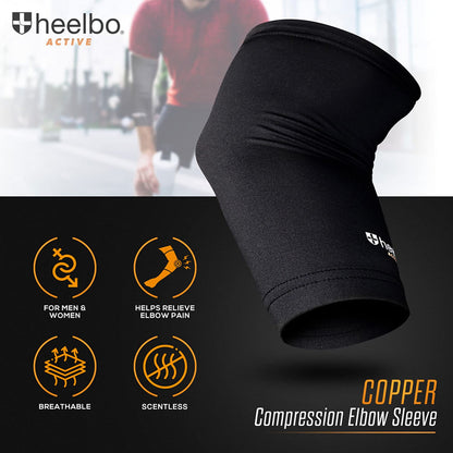 Heelbo Elbow Sleeve and Elbow Compression Sleeve with Copper Infused Fibers and Breathable Fabric for Tendonitis, Golfers Weight Lifting, Tennis Elbow or Arthritis for Men and Women, Black, Medium