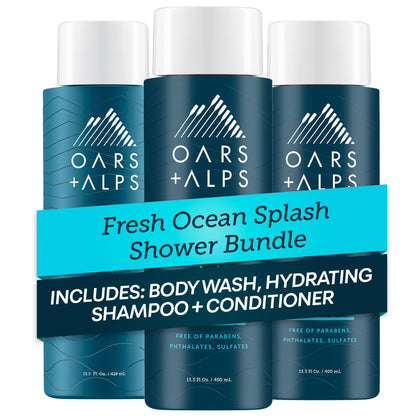 Oars + Alps Men's Sulfate Free Hair Shampoo, Conditioner, and Body Wash Kit, Moisturizing Skin Care Infused with Kelp and Algae Extracts, Fresh Ocean Splash Scent