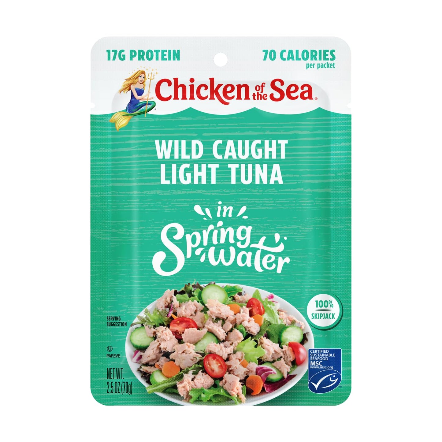 Chicken of the Sea Wild Caught Light Tuna in Spring Water, 2.5 Ounce Packets, 12-Count – High Protein 100% Skipjack Tuna in Water – Easy, Delicious, Nutritious Ready to Eat Meals