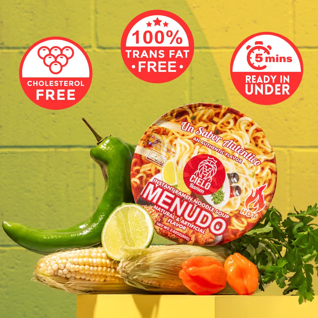 Menudo Instant Ramen Noodle Soup, Authentic Mexican Menudo Sopa, No Trans Fat, 9g Protein, Ready to Eat 3 Minute Meal, 6-Pack of 2.82oz Menudo Ramen Bowls