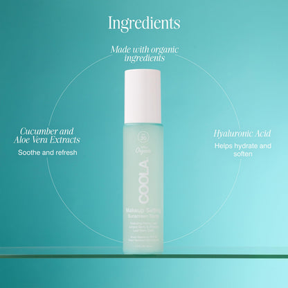 COOLA Organic Makeup Setting Spray with SPF 30, Hydrating Makeup Protection & Sunscreen made with Cucumber & Aloe Vera, Dermatologist Tested, Alcohol Free, 1.5 Fl Oz