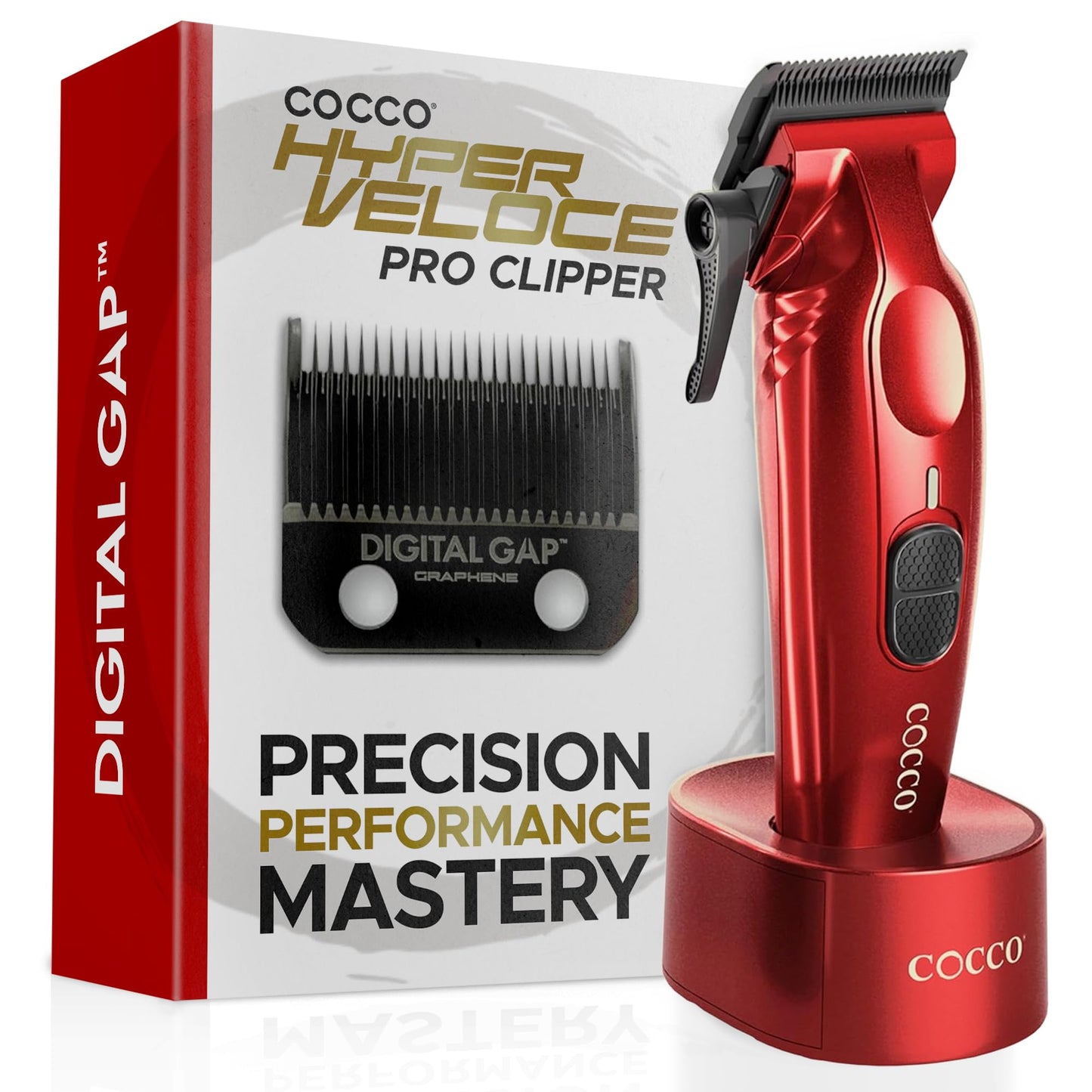 Cocco Hyper Veloce Pro Clipper, Digital Gap Ambassador Graphene Taper Blade Professional Hair Clippers, High-Torque BLDC Motor, All-Metal, Cordless, Charging Station Included