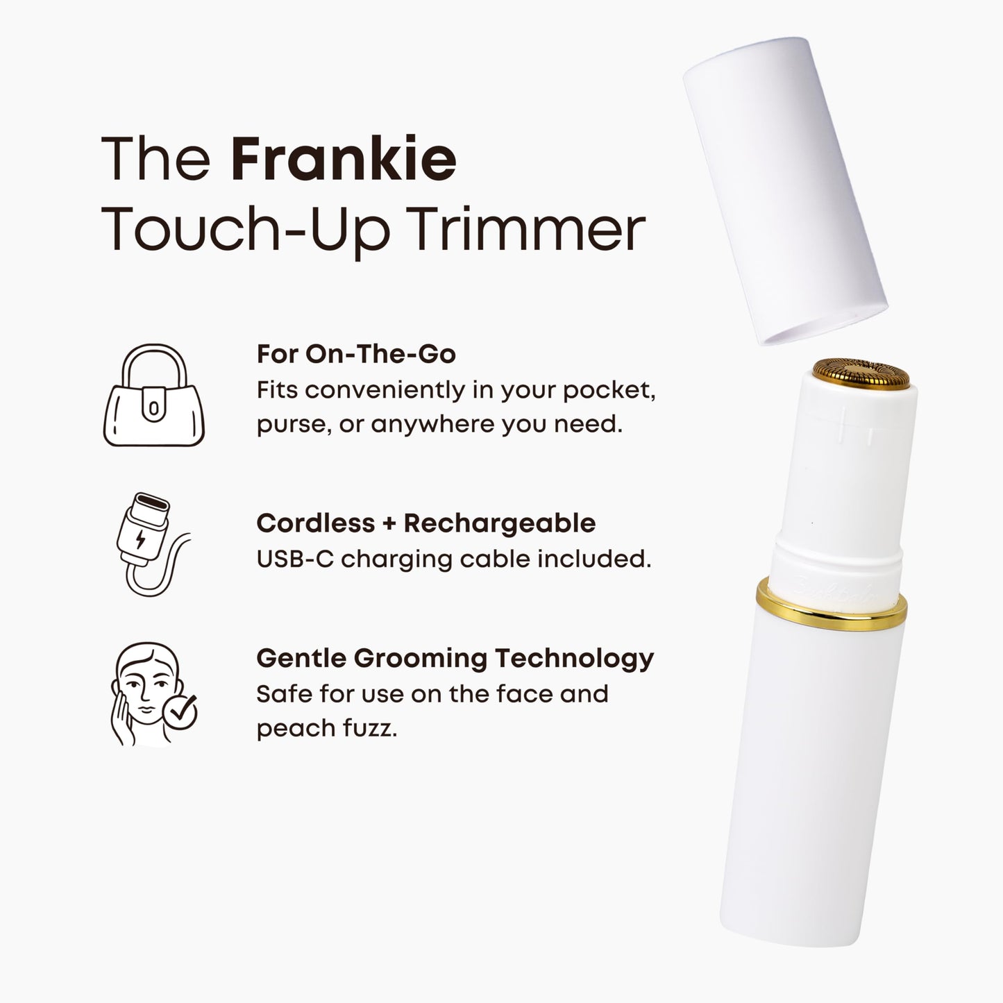 Bushbalm Touch-Up Trimmer - Painless Hair Remover for Face, Bikini, and Stray Hairs - Waterproof Cordless Rechargeable Grooming Tool with LED Light - Frankie