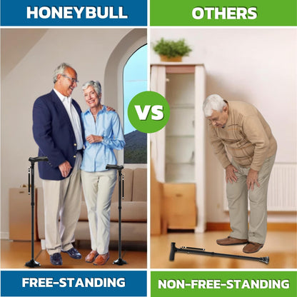 HONEYBULL Walking Cane for Men & Women Foldable, Adjustable, Heavy Duty, Free Standing, All Terrain, Collapsible Walking Sticks for Seniors & Adults