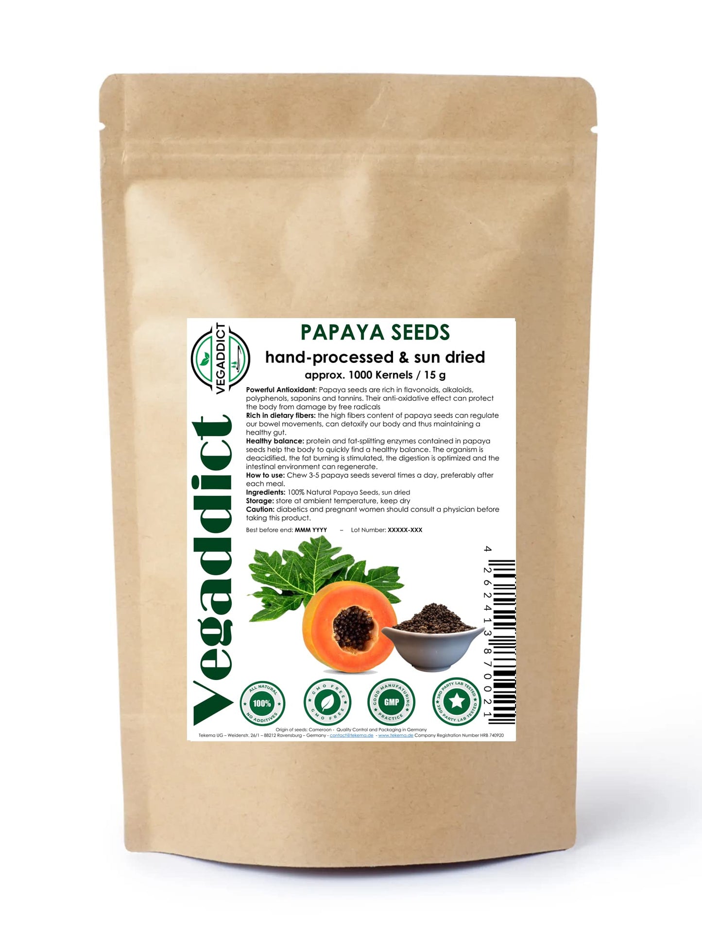 100% Natural Sun Dried Papaya Seeds | High Papaya Enzyme (Papain) Content | No Additives | Vegan | Laboratory Tested | Gluten & Lactose Free | Ethycally sourced (approx 1000 kernels ~ 15g)