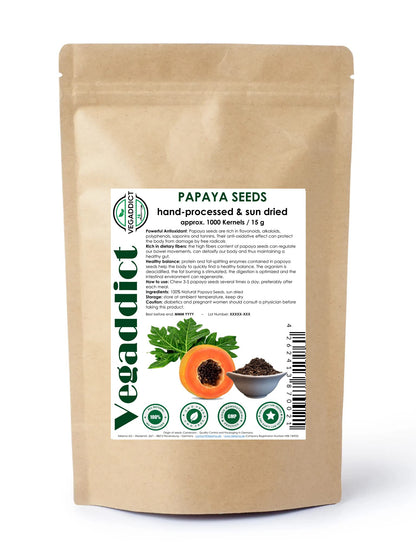 100% Natural Sun Dried Papaya Seeds | High Papaya Enzyme (Papain) Content | No Additives | Vegan | Laboratory Tested | Gluten & Lactose Free | Ethycally sourced (approx 1000 kernels ~ 15g)