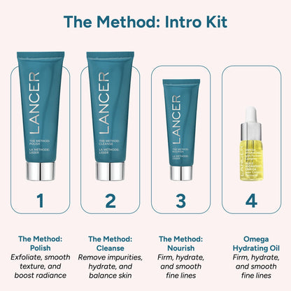 Lancer Skincare The Method Intro Kit, 3-Step Anti-Aging Facial Exfoliator, Cleanser, and Moisturizer Kit for Glowing Skin, Reveals Healthy-Looking Glowing Skin
