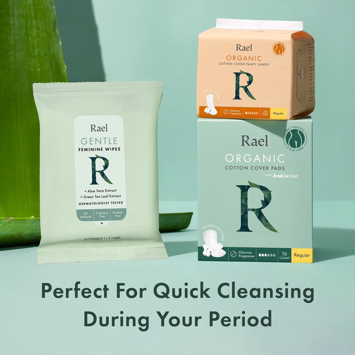 Rael Bundle - Flushable Feminine Wipes (10 Count, Pack of 2) and Organic Cotton Cover Pads Extra Long Overnight (12 Count)