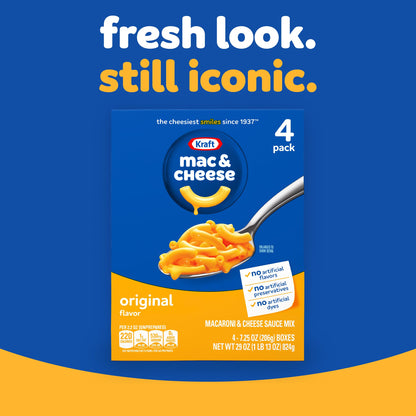 Kraft Mac and Cheese, 4 Boxes, for Easy Dinner or Dinner Sides, Original Flavor, No Artificial Flavors, Preservatives or Dyes, 7.25 oz