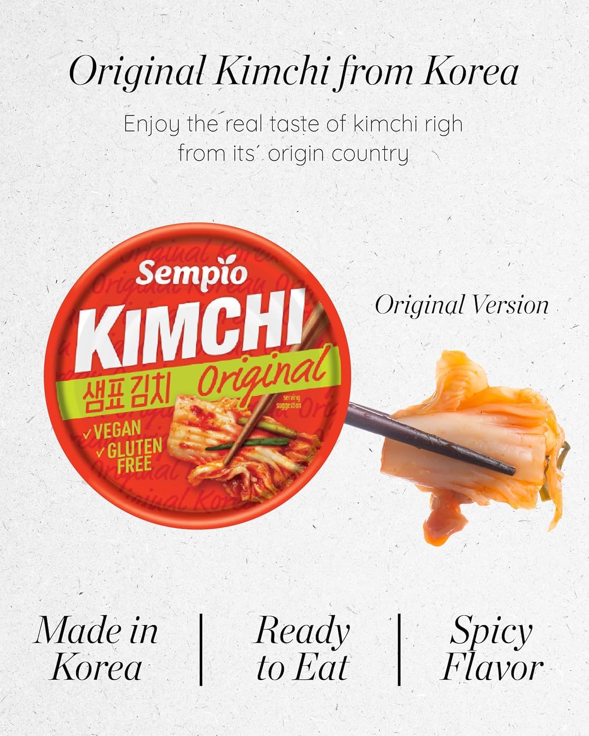 SEMPIO Canned Kimchi Original – Ready-to-Eat Traditional Korean Spicy Fermented Napa Cabbage for Rice Bowls, Ramen, Eggs, Bibimbap, Grilled Meats (Pack of 1/5.64oz / 160g, Vegan, Gluten-Free)