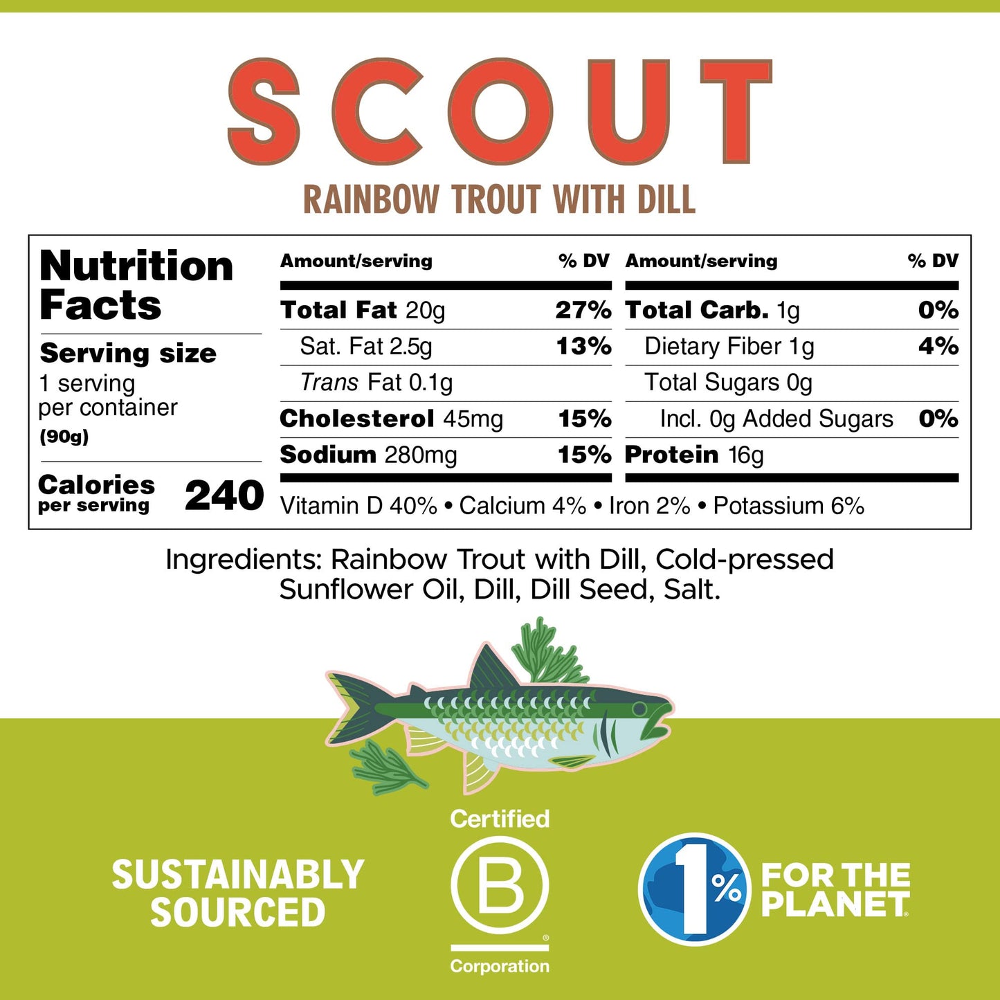 SCOUT Rainbow Trout with Dill | Responsibly Sourced Seafood Tins | Rainbow Trout in BPA-Free, Recyclable Cans (Pack of 1 x 90g tins)