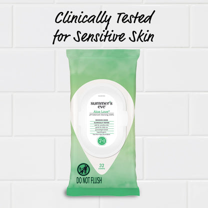 Summer's Eve Feminine Wipes, Aloe Love, Vaginal Wipes with Gentle pH-Balanced Micellar Water Formula, Feminine Care to Help Remove Vaginal Odor, Gynecologist Tested, 32 Wipes, 12 Pack