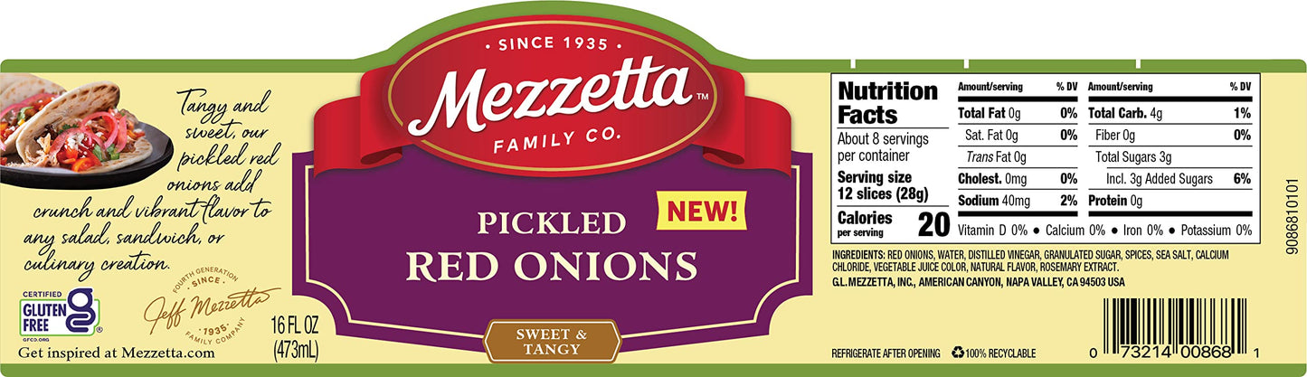 Mezzetta Pickled Red Onions in Jar - Tangy & Sweet Crunch - Perfect for Salads, Sandwiches & Culinary Creations - Vinegar & Seasonings Blend - Vibrant Color - 16 Oz - Pack of 6