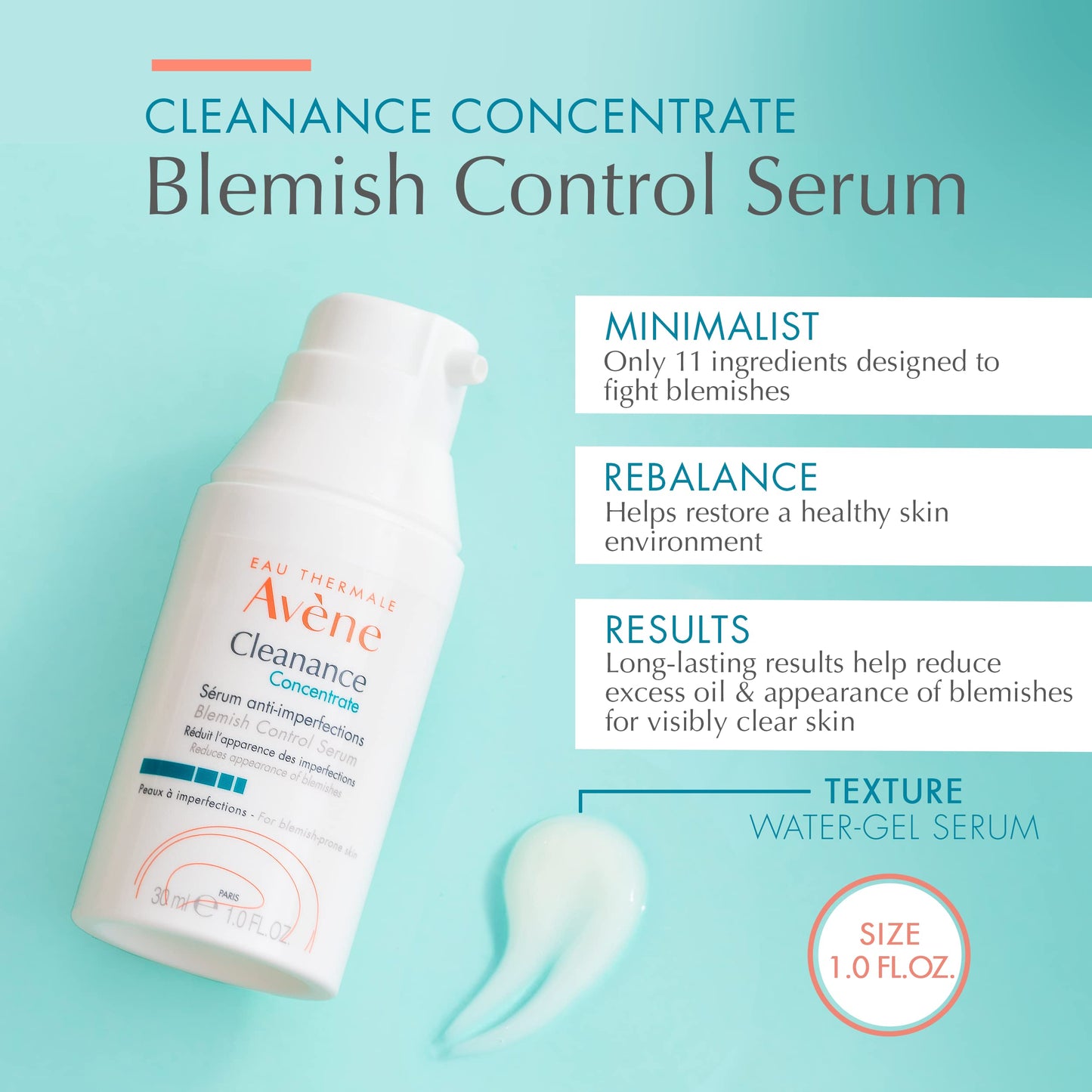 Avène Cleanance Concentrate Blemish Control Serum, clarifying water-gel, fragrance and silicone free, For acne-prone skin, airless pump, 1 fl. oz.