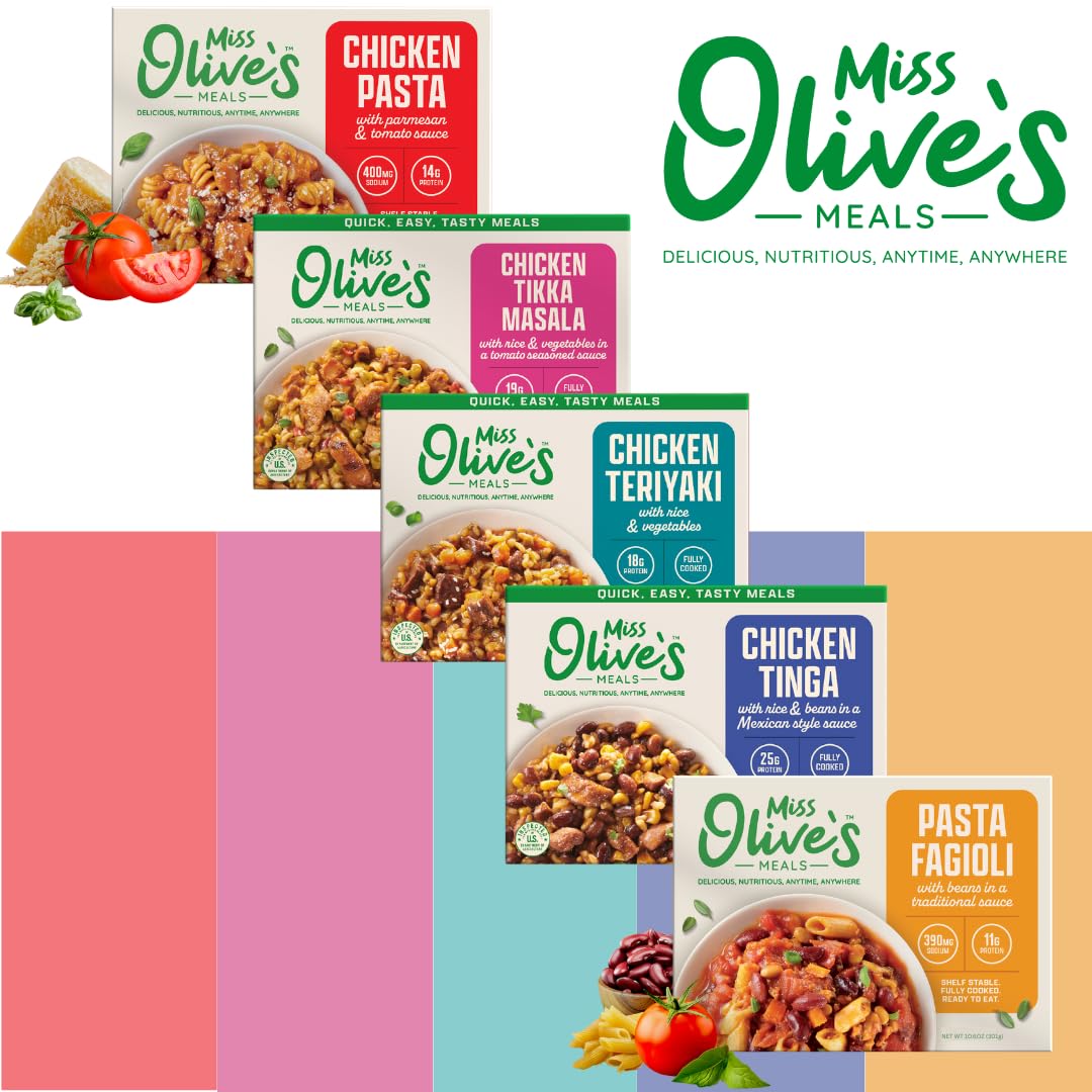 Miss Olive’s Ready Meals Variety Pack – 5 Pack of Ready-to-Eat Microwaveable Meals – Tinga, Tikka, Teriyaki, Pasta Fagioli & Chicken Parm – Bigger Portion Sizes, Heat & Serve Convenience