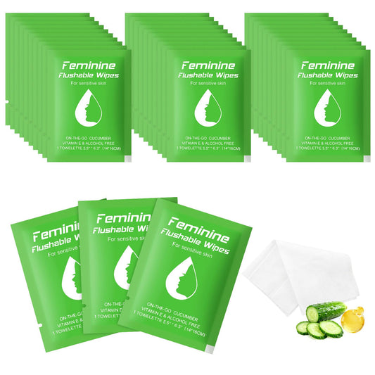 Feminine Wipes Flushable Travel Individually Wrapped,Travel Wipes for Women,Feminine Care Wet Wipes Travel Size Vaginal Wipes for Adult,Girl and Homeless(Cucumber,Pack of 50)